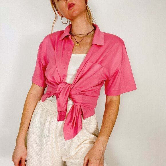Vintage 80's Pink Short Sleeve Cotton Button Up - Picture 5 of 6